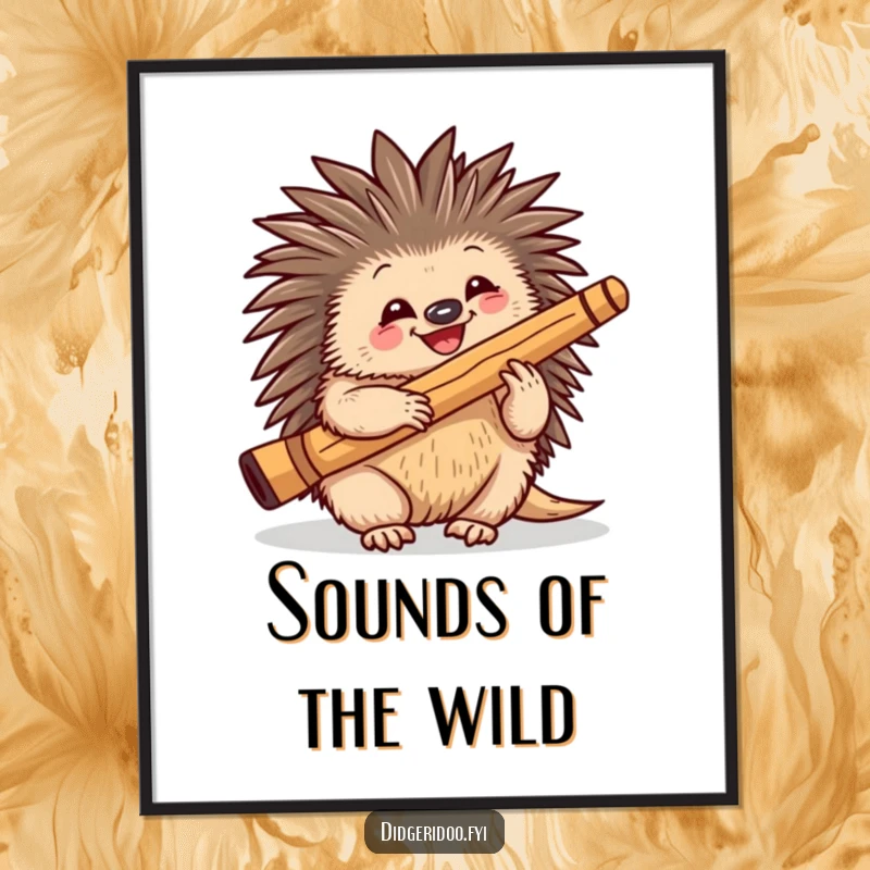 Funny playful echidna character happily playing a didgeridoo, offered as digital art for musical and unique decor.