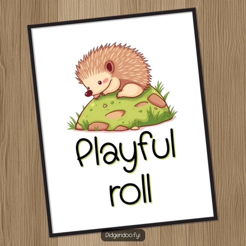 Funny echidna rolling playfully down a hill, as a hilarious animal art print.