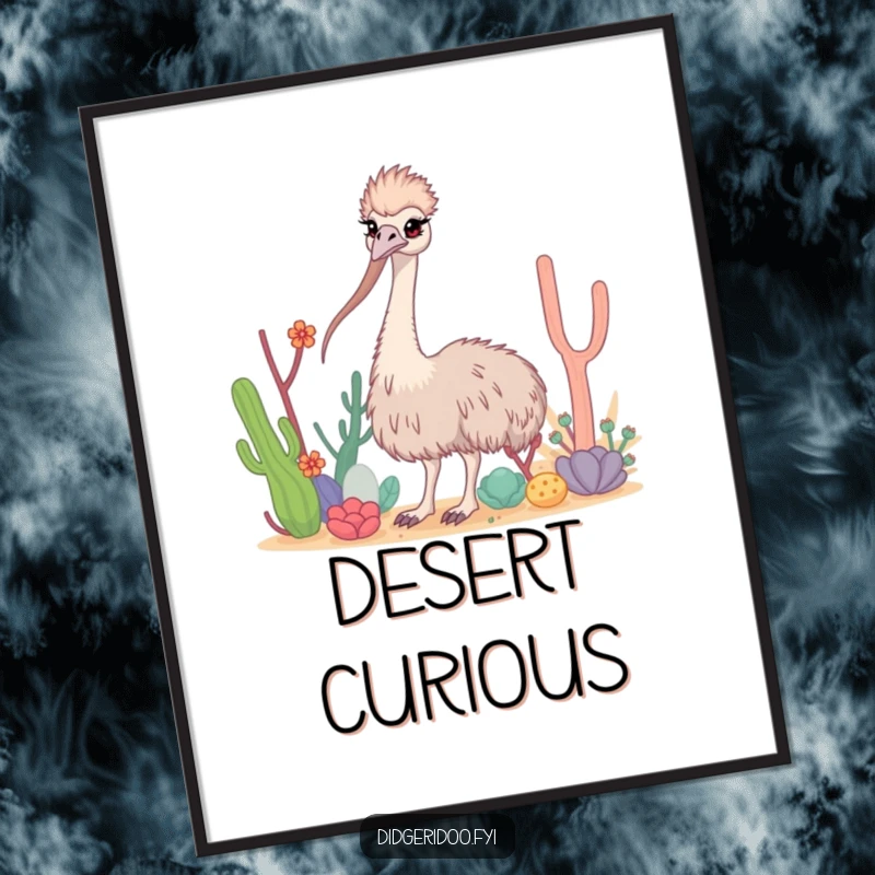 Funny Emu Digital Art Print of a curious emu with a long neck weaving through stylized desert flora, full of wonder.