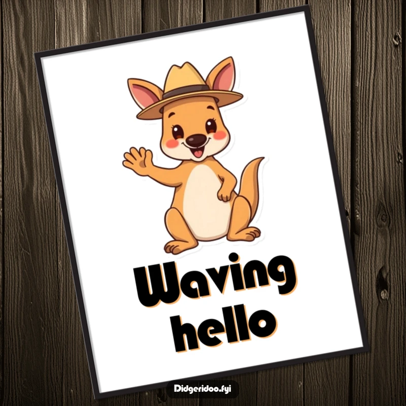 Funny Digital Art Print: A happy kangaroo wearing a tiny Akubra hat waves hello, charming and downloadable Aussie artwork.