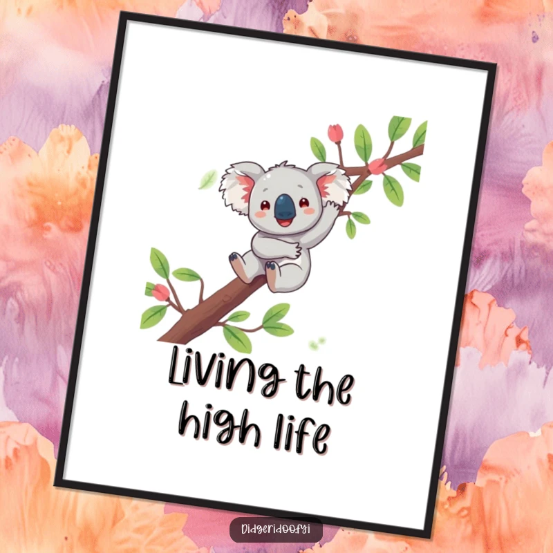 Funny koala digital art print of a playful character joyfully dangling from a eucalyptus branch, capturing serene Aussie cuteness digitally.