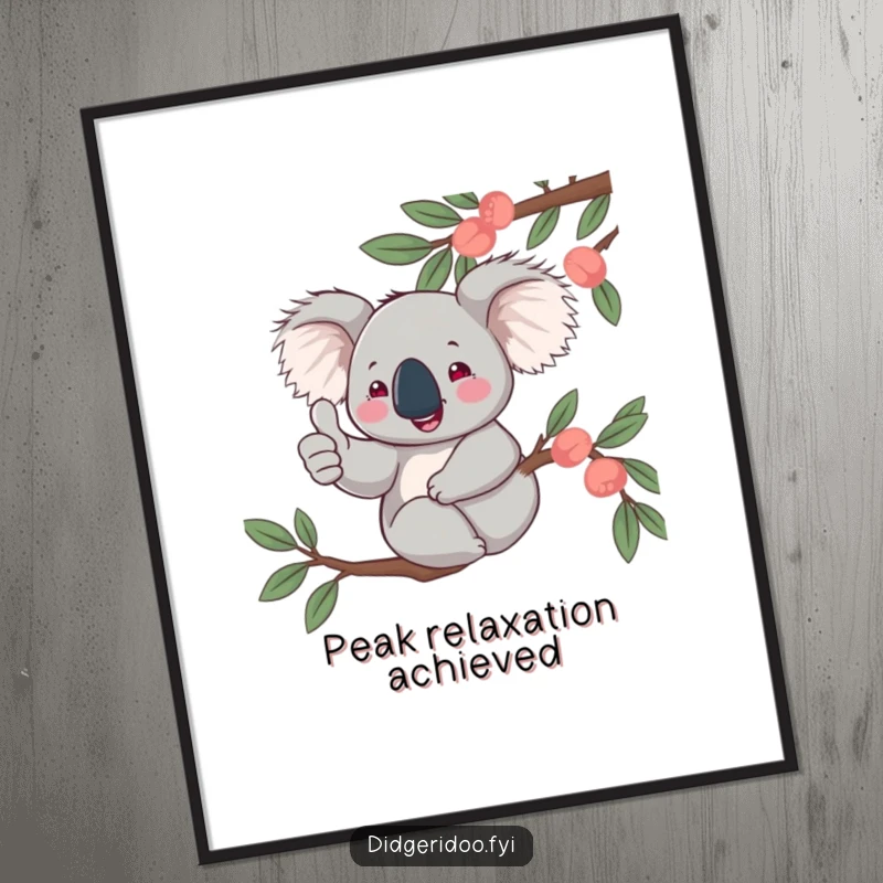 Funny, jovial koala character giving a thumbs up from a eucalyptus branch, available as a downloadable digital art print for instant cheer.
