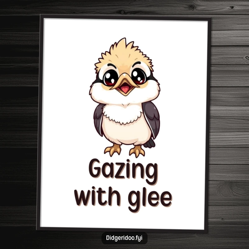 Funny Digital Art Print: A grinning kookaburra with wide eyes looks up, charming and downloadable humorous artwork.