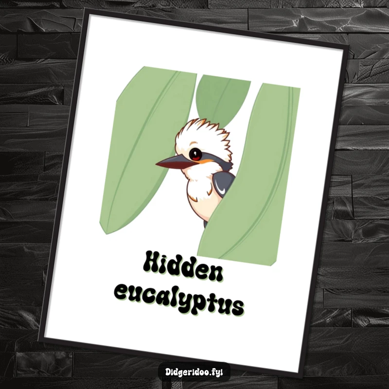 Funny kookaburra digital art, curious bird peeking from eucalyptus leaf, humorous printable wall art, instant download nature gift.