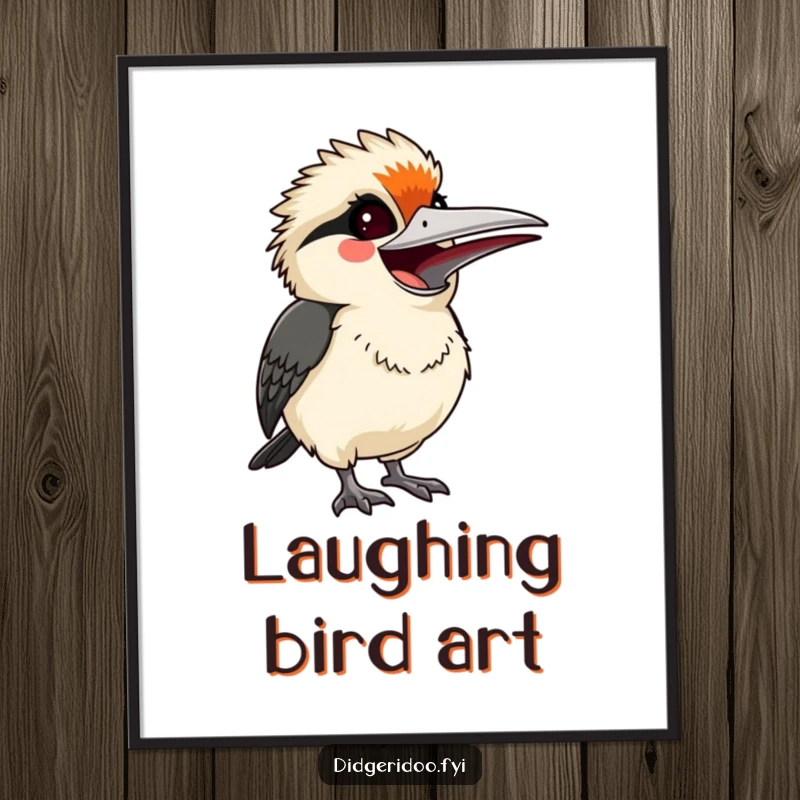 Funny startled but smiling kookaburra, letting out a joyful laugh, a high-resolution digital art print for whimsical wall decor.