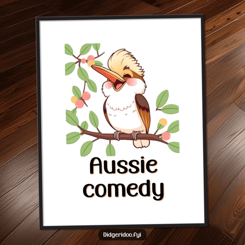 Funny Kookaburra Digital Art Print: a jubilant kookaburra laughs heartily from a eucalyptus branch, spreading contagious Aussie humor.