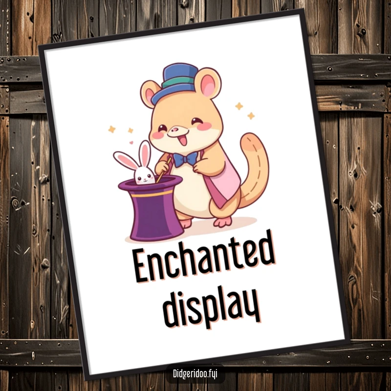 Funny platypus magician digital art print of a giddy cartoon platypus pulling a rabbit from a hat, offering instant humorous decor.