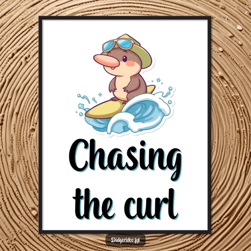 Funny platypus in a surf hat, gleefully riding a large ocean wave, ready to be printed and displayed.