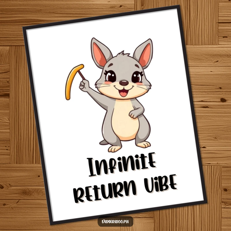 Funny wallaby boomerang digital art print of a cheerful cartoon wallaby waving a boomerang, offering instant humorous decor.