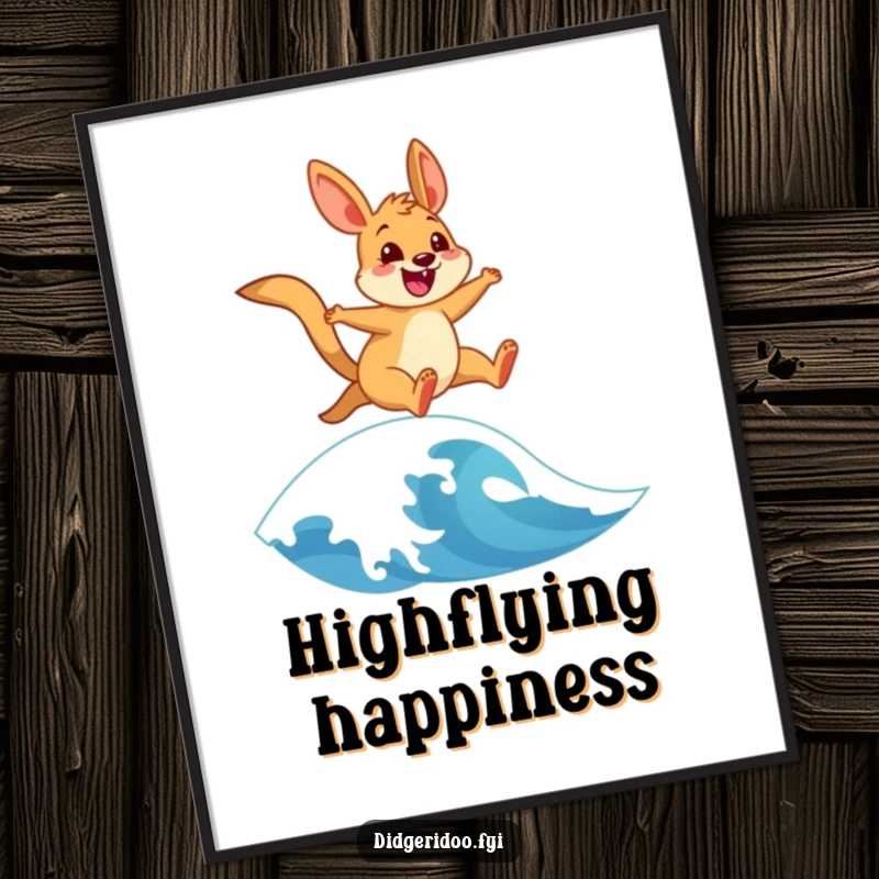 Funny digital art print of a cheerful wallaby leaping dynamically over a stylized wave, capturing pure exhilaration and beachy fun instantly.