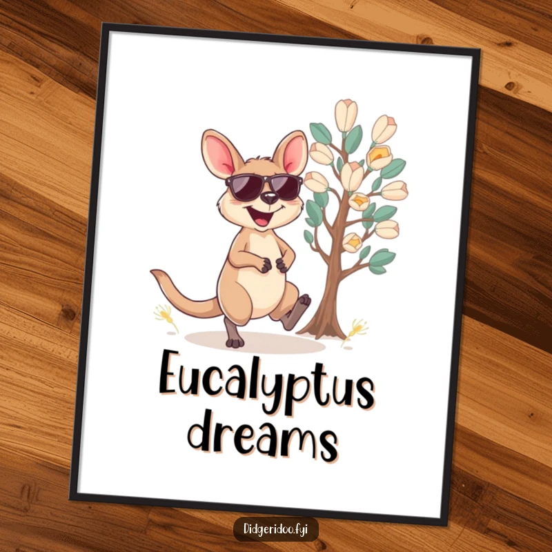 Funny wallaby digital art print of a joyful wallaby in sunglasses hopping near eucalyptus, ready to download and display.