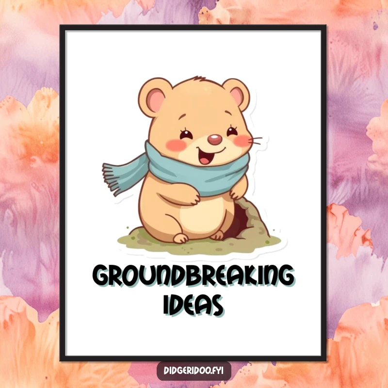 Funny wombat digital art print of a happy wombat in a scarf digging a hole, ready to download and display.