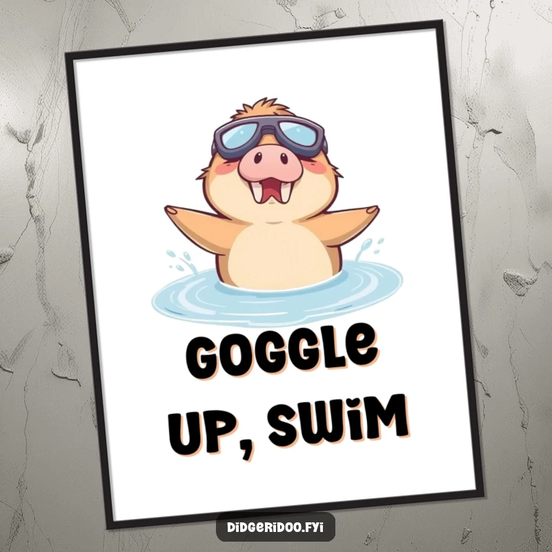 Funny Digital Art Print of a delighted platypus wearing goggles, enthusiastically swimming in a puddle.