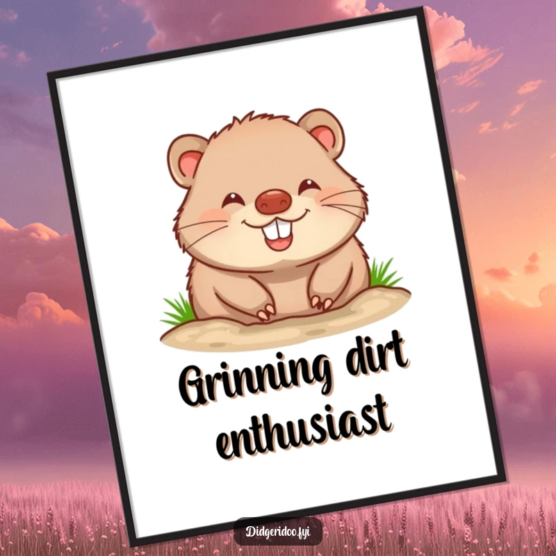 Funny wombat digital art print of a cheerful wombat with a big, happy grin, captured joyfully while burrowing, ideal for wall decor.