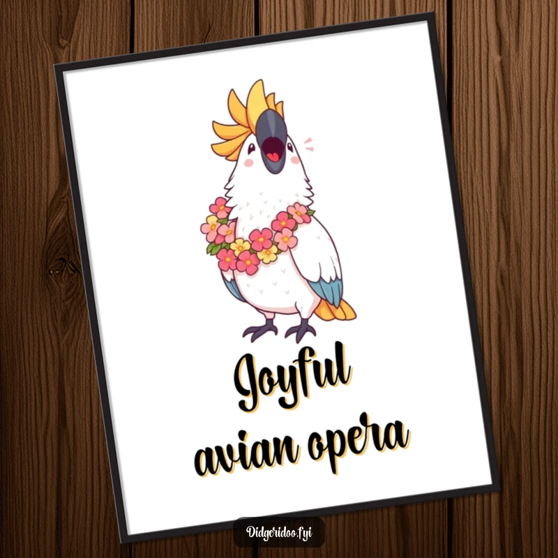 Funny Cockatoo Digital Art Print: A proud cockatoo in a lei sings with pure joy, radiating tropical charm and cheer.