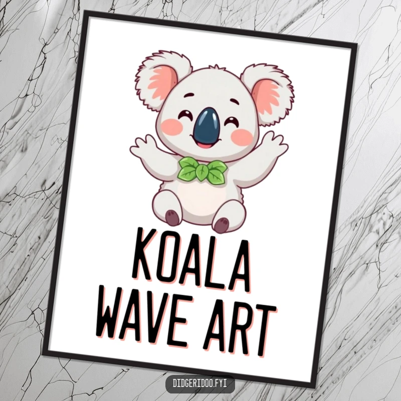 Funny happy koala wearing a eucalyptus leaf bow tie, doing a cheerful wave, a high-resolution digital art print for charming wall decor.