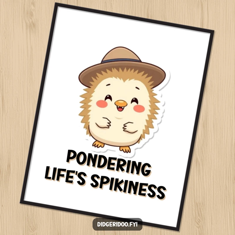 Funny, cheerful echidna character wearing a tiny Akubra hat, available as a downloadable digital art print for instant decoration.