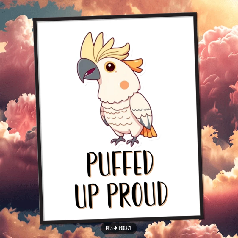 Funny cockatoo digital art print of a proud bird with a bright crest, puffing its chest out, exuding confidence and vibrant energy.