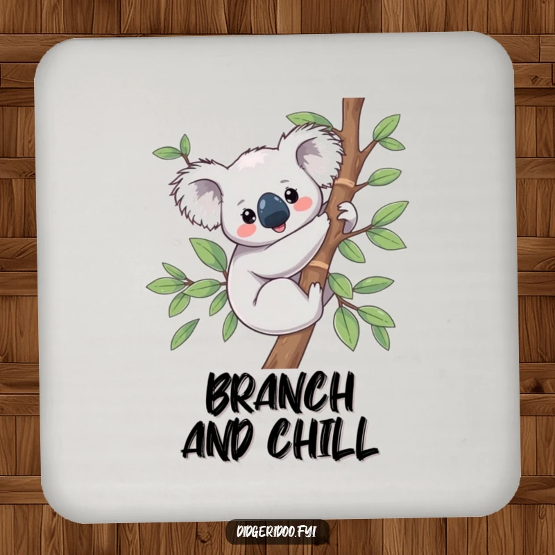 Funny Koala Drink Coaster featuring a content koala on eucalyptus, safeguarding your furniture with style.