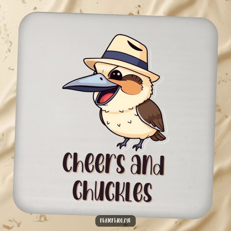 Funny kookaburra in a tiny Akubra hat, humorously protecting a drink surface with a cheerful laugh.