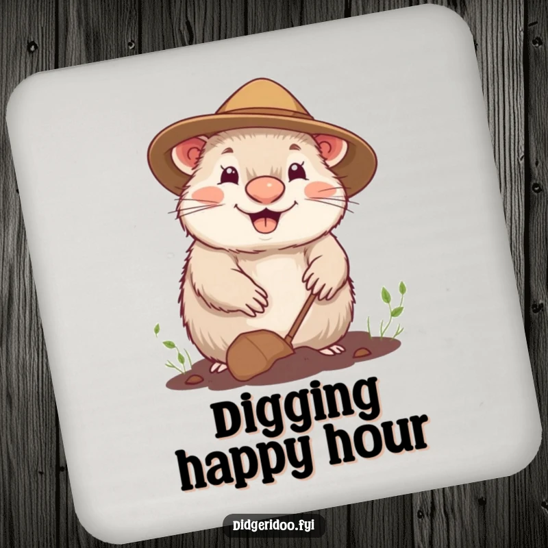 Funny drink coaster with a cheerful wombat wearing a gardening hat, happily digging, adding nature's joy.