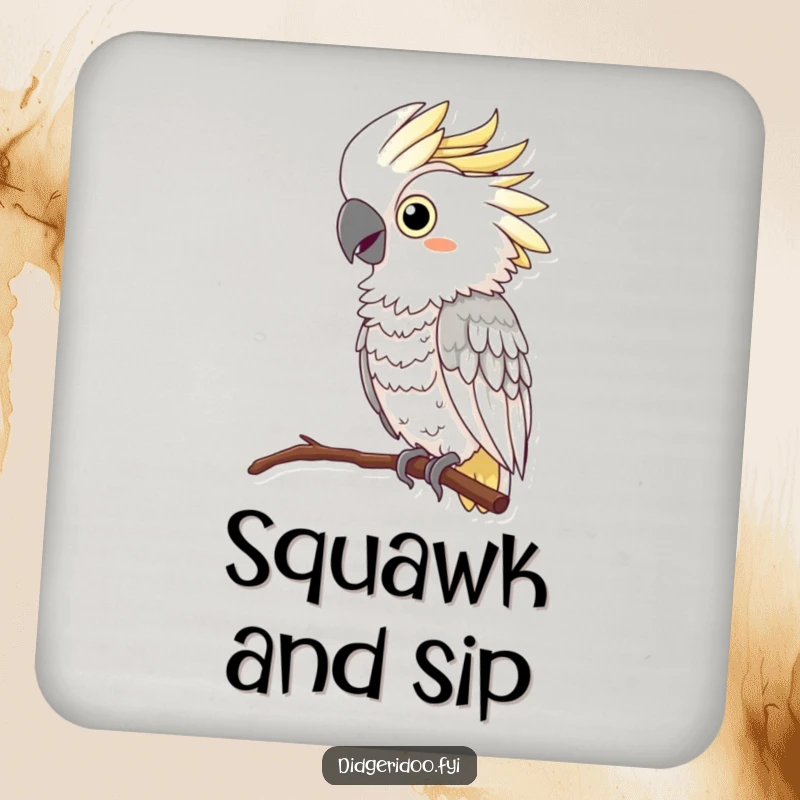 Funny Cockatoo Coaster: A curious cockatoo wearing a feather boa perches and squawks, a humorous and protective coaster for drinks.