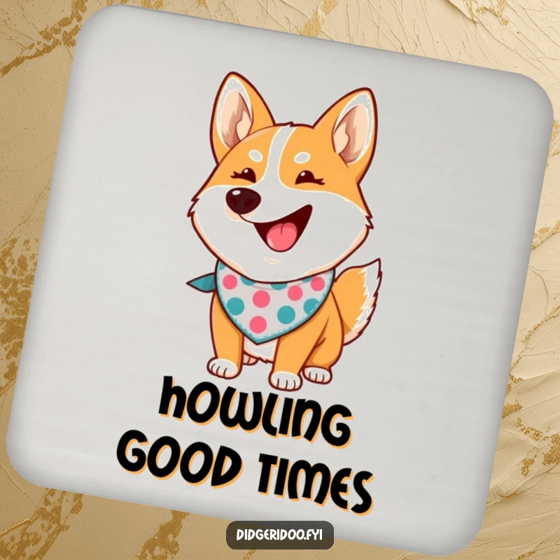 Funny dingo howling coasters with a proud cartoon dingo wearing a bandana, protecting surfaces with humorous flair.