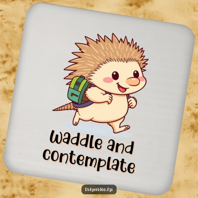Funny Echidna Coaster: A happy echidna with a backpack waddles determinedly, a humorous coaster for drinks.