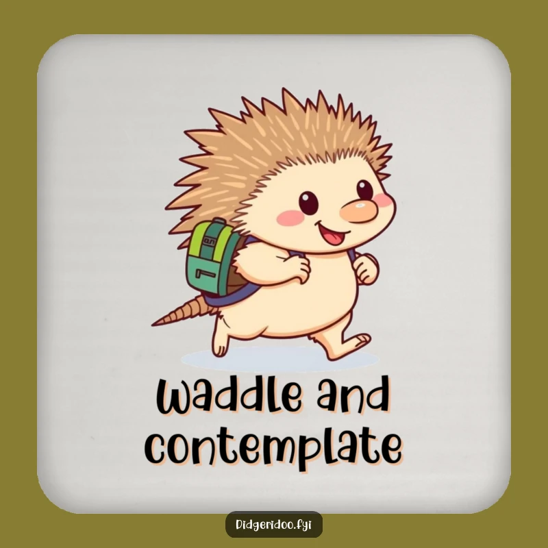 Funny Echidna Determined Coaster: Protect surfaces with a happy echidna backpack waddling, a small funny gift.