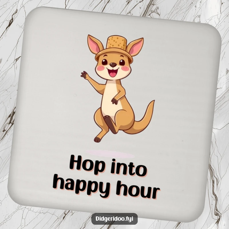 Funny kangaroo character drink coaster, wearing a tiny cork hat and jumping high, offering tabletop protection with a side of Aussie adventure humor.