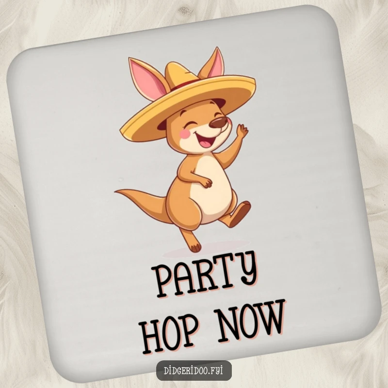 Funny Kangaroo Sombrero Coaster: A joyous kangaroo wearing a festive sombrero bounces happily, protecting surfaces with humor.