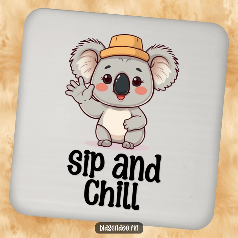 Funny Koala Coaster: a proud koala in a cork hat waves cheerfully, protecting surfaces with Australian humor and style.