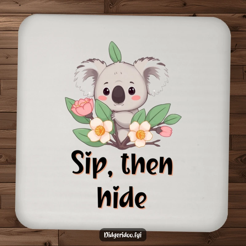 Funny Drink Coaster: A curious koala peeks from behind a stylized eucalyptus bloom, a whimsical and protective table accessory.