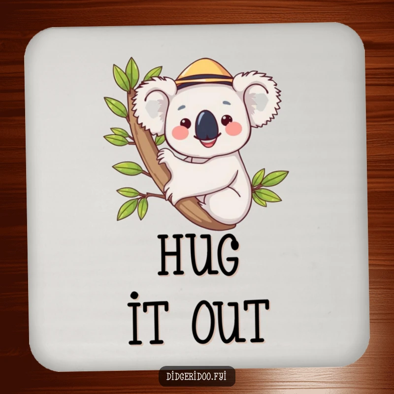 Funny koala wearing a hat, hugging a eucalyptus branch on drink coasters, protecting furniture with a dose of cute humor.