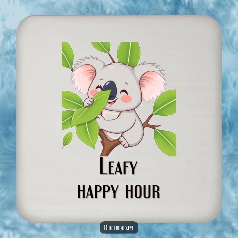 Funny koala character drink coaster, smiling and balancing a eucalyptus leaf on its nose, offering tabletop protection with a side of calm, cute humor.