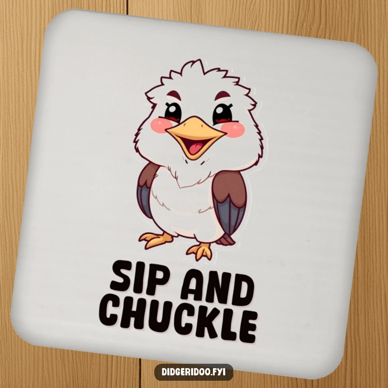 Funny kookaburra drink coaster featuring a grinning character with a wide, cheerful beak, offering surface protection with a smile.