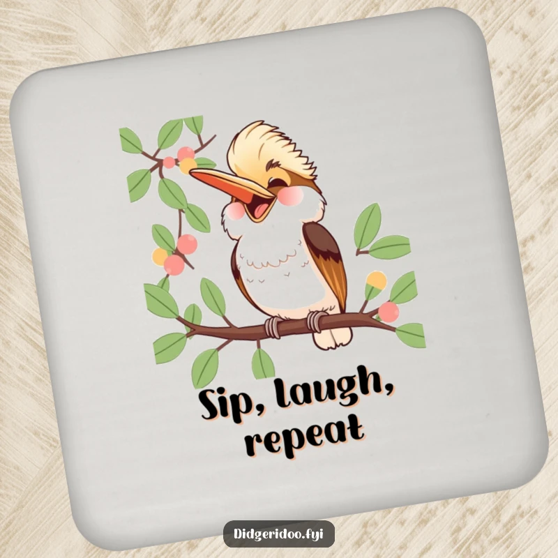 Funny Kookaburra Coaster: a jubilant kookaburra laughs heartily from a eucalyptus branch, protecting surfaces with infectious Aussie humor.