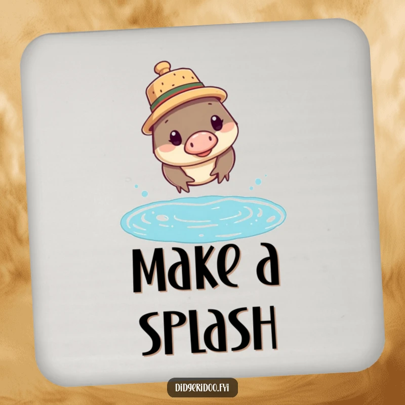 Funny platypus coasters showcasing a curious platypus wearing a cork hat, about to dive, protecting surfaces.