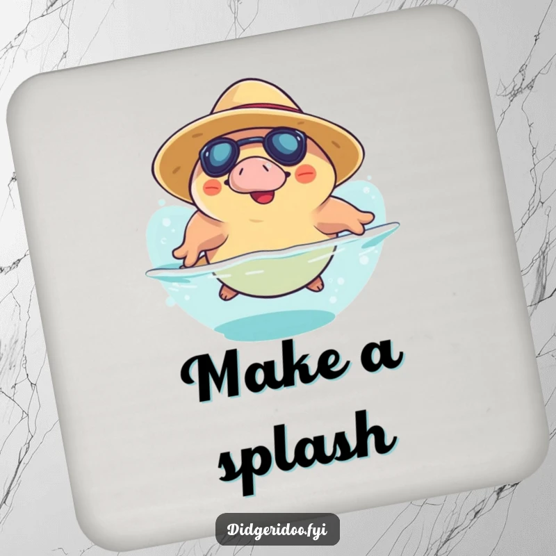 Funny Platypus Coaster: a platypus in a sun hat dives playfully, protecting surfaces with aquatic humor and charm.