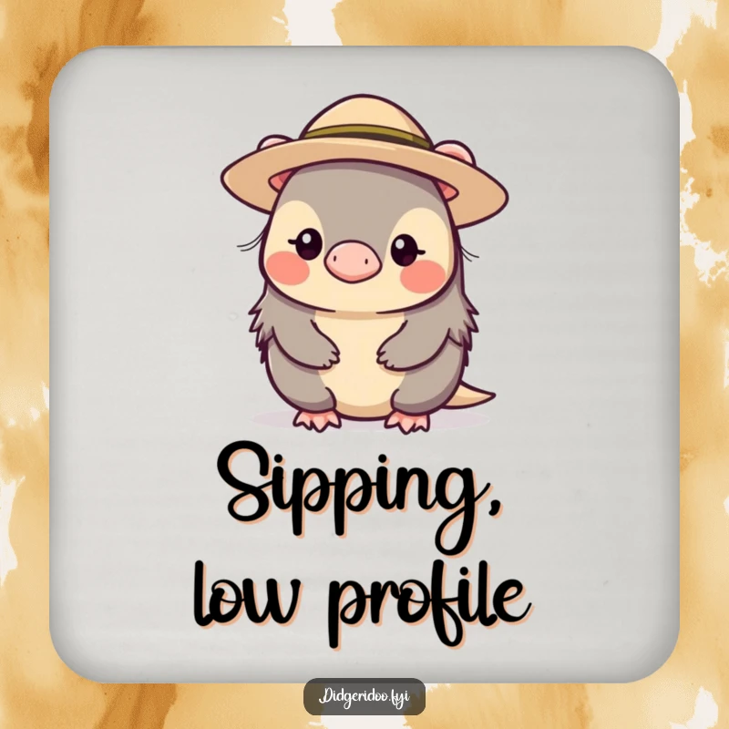 Funny, shy platypus character wearing a small, wide-brimmed hat, featured on a drink coaster to protect surfaces with subtle charm.