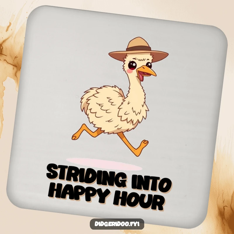 Funny drink coaster with a smiling emu wearing a hat, running with long strides, adding energetic humor.