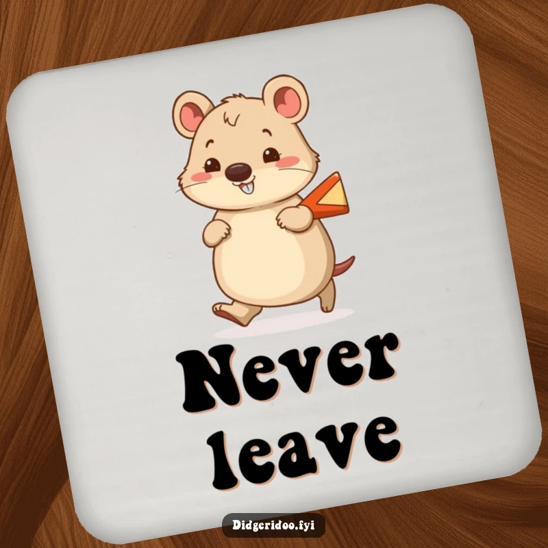 Funny wombat coasters showing a cheerful wombat waddling with a smile, carrying a tiny boomerang, for drink protection.