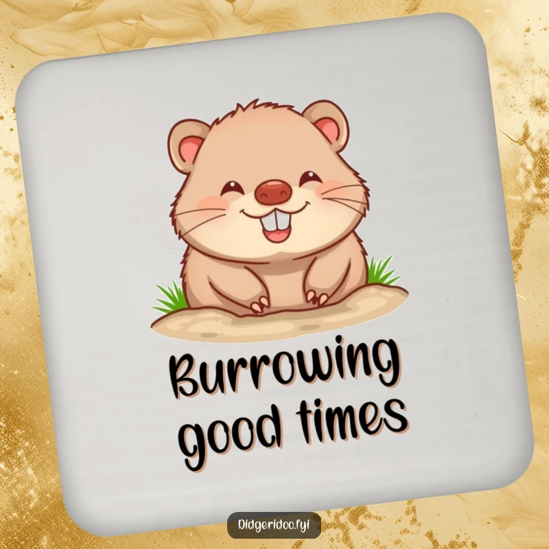 Funny wombat coasters featuring a cheerful wombat with a big grin, perfect for protecting surfaces with a dose of animal charm.