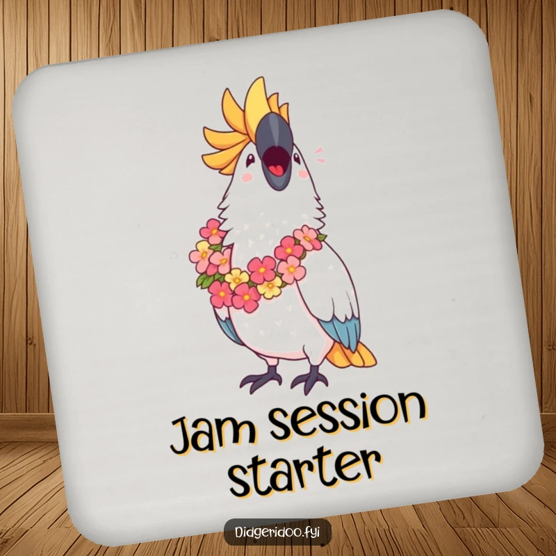 Funny Cockatoo Coaster: A proud cockatoo wearing a lei sings joyfully, adding a touch of tropical humor to your drinks.