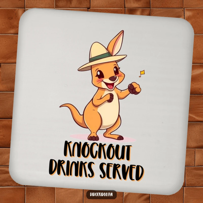 Funny drink coaster featuring a delighted kangaroo in an Akubra hat, playfully boxing, protecting furniture with humor.