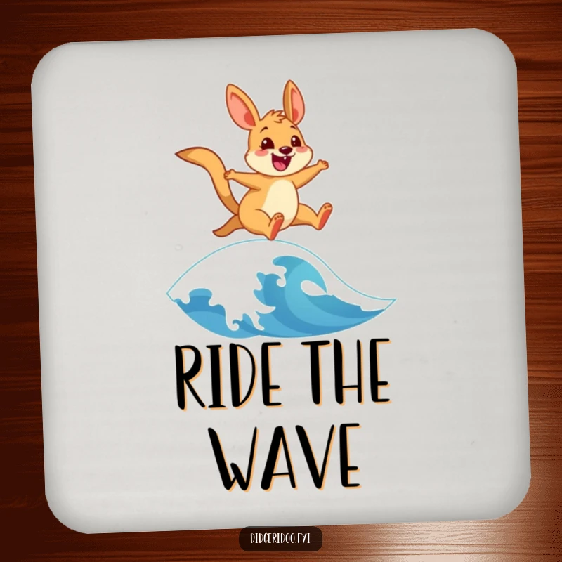 Funny drink coasters featuring a cheerful wallaby expertly leaping over a stylized wave, adding a humorous element to beverage protection.