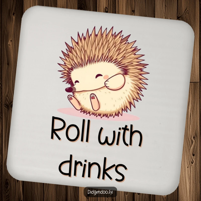 Funny Echidna Coaster: a happy echidna rolls playfully into a spiky ball, protecting surfaces with unique Australian charm and humor.