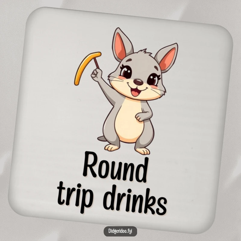 Funny wallaby boomerang coasters with a cheerful cartoon wallaby waving a boomerang, protecting surfaces with humor.