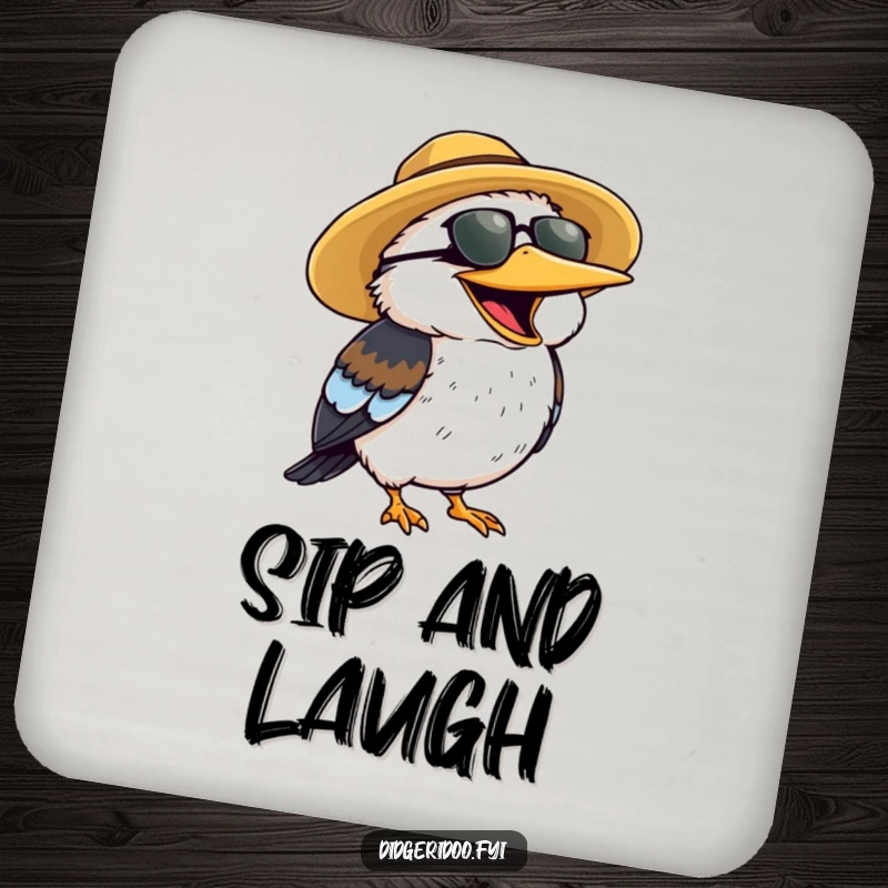 Funny Drink Coaster showcasing a cheerful kookaburra wearing a sun hat, laughing heartily.