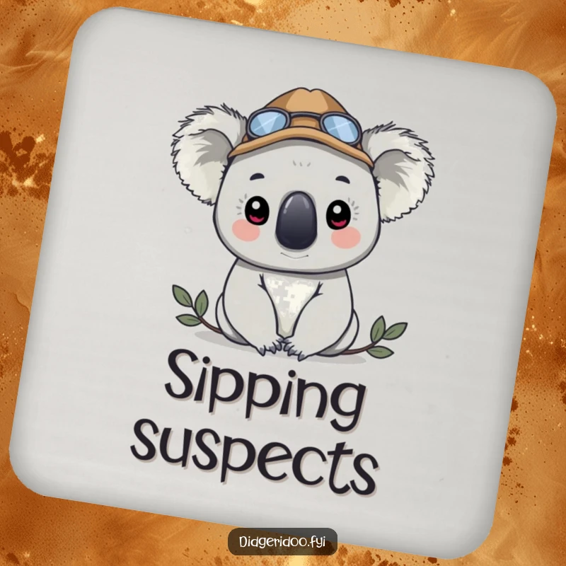 Funny koala in a detective hat, peeking, printed on a protective drink coaster, adding a humorous accent to any tabletop.